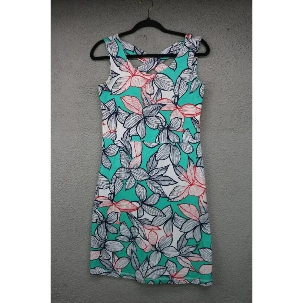 Talbots Aqua Floral Midi Sheath Dress with Coral Accents